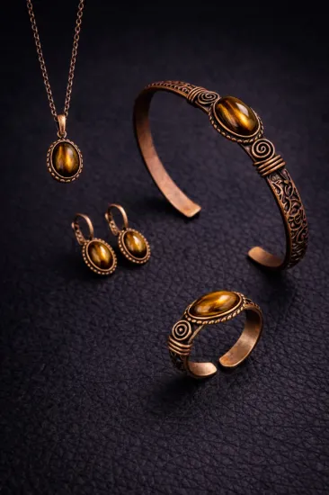 Picture of Kadın Bakır Bileklik Yüzük Set 3 Lü Set Zultanit Taşlı ve Burgu Model Set