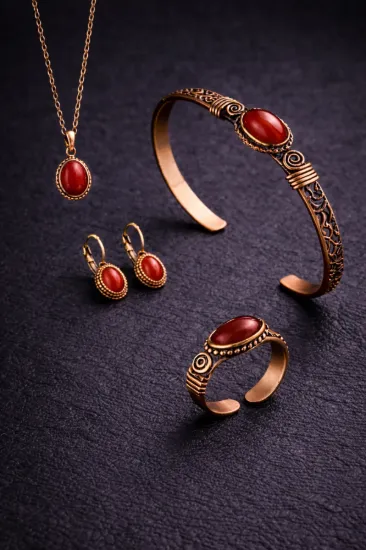 Picture of Kadın Bakır Bileklik Kolye Yüzük Küpe Takım Seti Doğal Kırmızı Akik Taşlı Saf Bakır Set